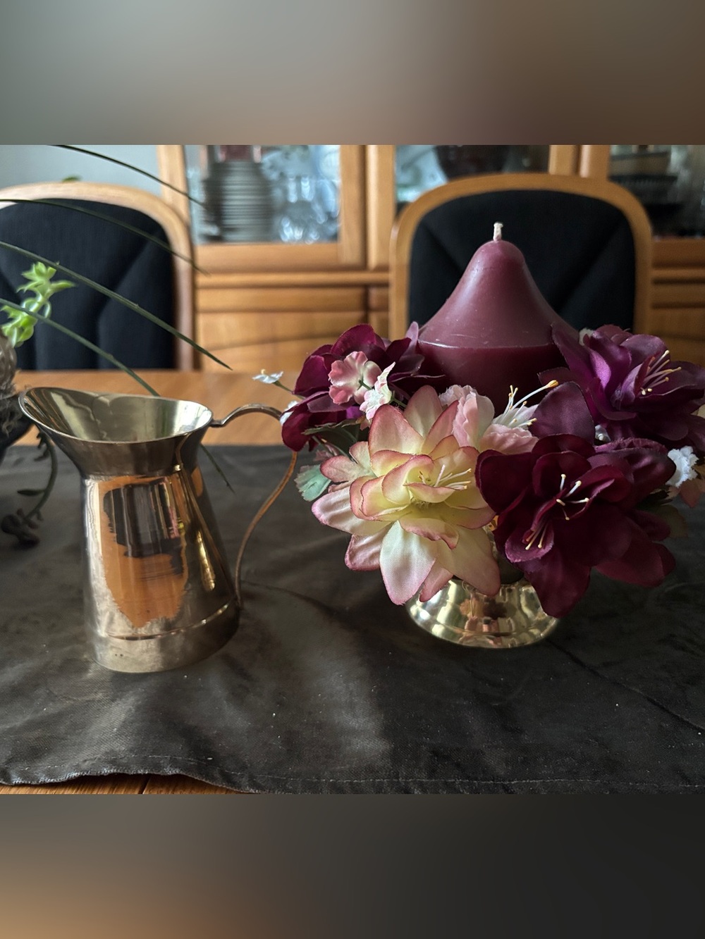 Brass Candle Holder with Floral Arrangement with Burgundy Candle - Brass Pithcer